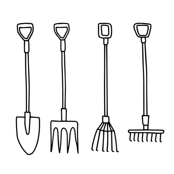 一套收割和种植的工具 在白色的背景上 手绘的草叉 叉子和草叉被隔离在白色的背景上 — 图库矢量图片