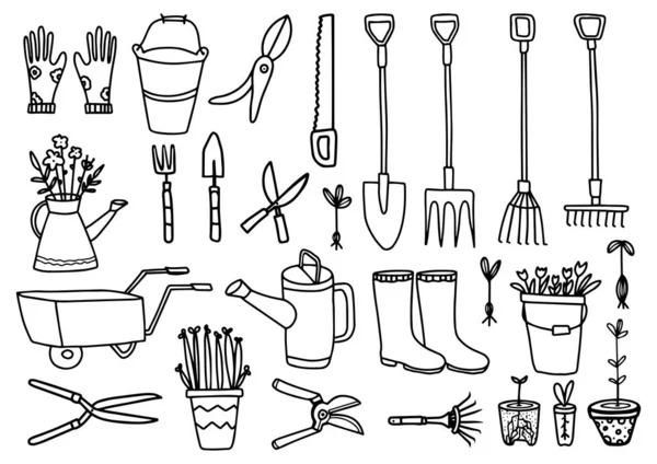 Vector Big Collection Gardening Tools Rake Shovel Wheelbarrow Seedlings Boots — Stock Vector