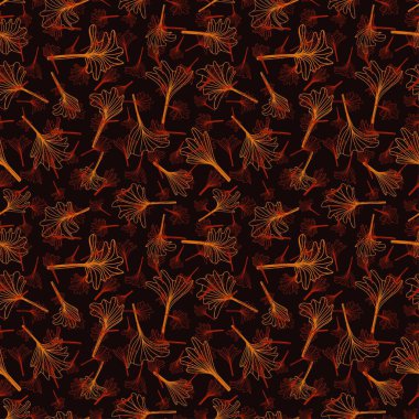 Koyu arkaplanda yaprakları olan çiçek desenli çiçek deseni. Vektör çizgisi çizimi. Çin, Japon kökenli. Duvar kağıdı, tekstil, kumaş, ambalaj, ambalaj kağıdı tasarla.