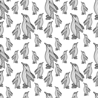 Penguen tarzında beyaz arkaplanda izole edilmiş kusursuz desen. Vektör çizgisi çizimi. Karalama kutup hayvanları. Tekstil, kumaş bebek, duvar kağıdı, ambalaj kağıdı, ambalaj tasarımı.