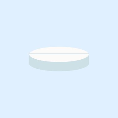 Yuvarlak beyaz hap, düz stil, mavi arka planda izole. 3d Vektör illüstrasyonu. Virüs veya yaygın soğuk algınlığı için geleneksel tedaviyi imzala. Basit simge. Web sitesi, mobil uygulama tasarımı.