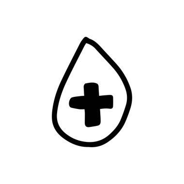 Drop of blood in hand drawn doodle style isolated on white background. Vector stock outline illustration. Single. Sign element. Medical equipment. Logo. Print. Line art. Coloring book. Donate blood.
