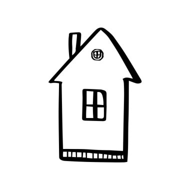 Beyaz arka planda izole edilmiş güzel bir ev çizilmiş. Vektör ana hatlı hisse tasarımı mimarisi. İkamet binasını imzala. Bekar. Satın alma, satış, emlak kiralama. Bir satır.