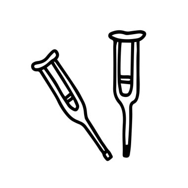  rutches in hand drawn doodle style isolated on white background. Vector stock outline illustration. Single dog-nail. Sign spike element. Medical equipment. Recovery after a fracture limbs or sprain.