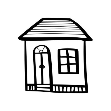 Beyaz arka planda izole edilmiş güzel bir ev çizilmiş. Vektör ana hatlı hisse tasarımı mimarisi. İkamet binasını imzala. Bekar. Satın alma, satış, emlak kiralama. Bir satır.