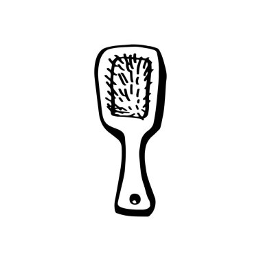 Beyaz arka planda karalama tarzında ahşap saç tarağı. El çizimi eskiz. Sıfır atık. Vektör çizgisi çizimi. Geri dönüşüm, bedava plastik. Kadın kıyafetleri konusunu imzala..