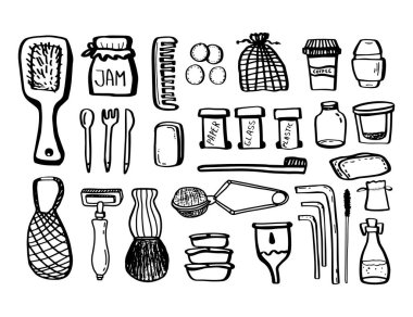 Ekoloji karalamalarını beyaz arkaplanda izole et. Geri dönüşüm. Vektör çizgisi çizimi. Plastik reddetme, eko yaşam tarzı ve yeşile dönme kavramı. Tarak, çatal bıçak, kutu, diş fırçası, yeniden kullanılabilir, seramik sofra takımı..