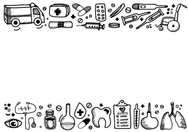 Yatay çerçeve sınırında beyaz arka planda karalama tarzı tıbbi ekipmanlar var. Vektör çizgisi çizimi. Hastanedeki duvarda tıbbi parmak izi var. Boşluğu kopyala, metin için yer aç. Kağıt.