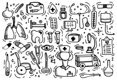 Big medical set in doodle style isolated. Vector outline illustration. Hospital clearance.Syringe
