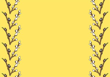 Sarı yatay paskalya arka planında izole edilmiş söğüt ağacı sürüleri. Mesaj için yer. Albüm tasarımı. Vektör basit karikatür çizimi. Tatil afişi, davetiye. Doğum günü kartı..