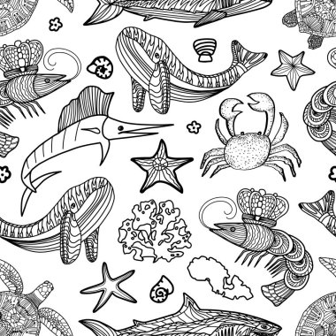 Okyanus hayvanları ve karalama tarzında deniz yosunları beyaz arka planda izole edilmiş. Vektör çizgisi çizimi. Kılıçbalığı, kaplumbağa, karides, köpekbalığı, balina, yengeç. Menü restoranı, tekstil, baskı.