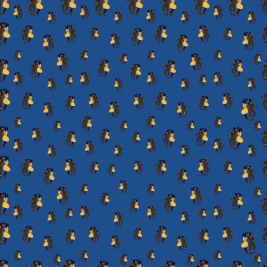 Dansçı etnik insanların kusursuz bir geçmişi var. Bir çift aşık. Afro insanlar. Vektör karikatür çizimi. Tekstil baskısı. Modayı takip eden koyu mavi renkli arka plan. Duvar kağıdı, ambalaj kağıdı, kumaş..