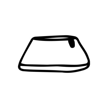 Beyaz arka planda karalama tarzında izole edilmiş kadın makyaj çantası. İmza simgesi. Vektör çizgisi çizimi. Simge ya da sembol olarak kullanılabilir. Dekorasyon elemanı. Elle çizilmiş siyah çizim. Fermuar çantası.