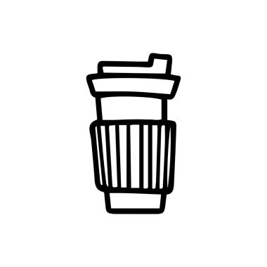 Çikolatalı kahve elin seramik bardağında karalama ikonu çizilmiş. Beyaz arkaplanda izole edilmiş baskı, web, mobil ve bilgi grafikleri için paket kahve vektörü çizimi. Sıfır atık kavramı.