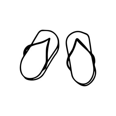 Terlikler, yaz sezonu için beyaz arka planda karalama tarzında terlikler. İmza simgesi. Vektör çizgisi çizimi. Simge ya da sembol olarak kullanılabilir. Dekorasyon elemanı. El çizimi siyah çizim.