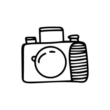 Beyaz arkaplanda karalama tarzı refleks kamera var. İmza simgesi. Vektör çizgisi çizimi. Simge ya da sembol olarak kullanılabilir. Dekorasyon elemanı. El çizimi siyah çizim.