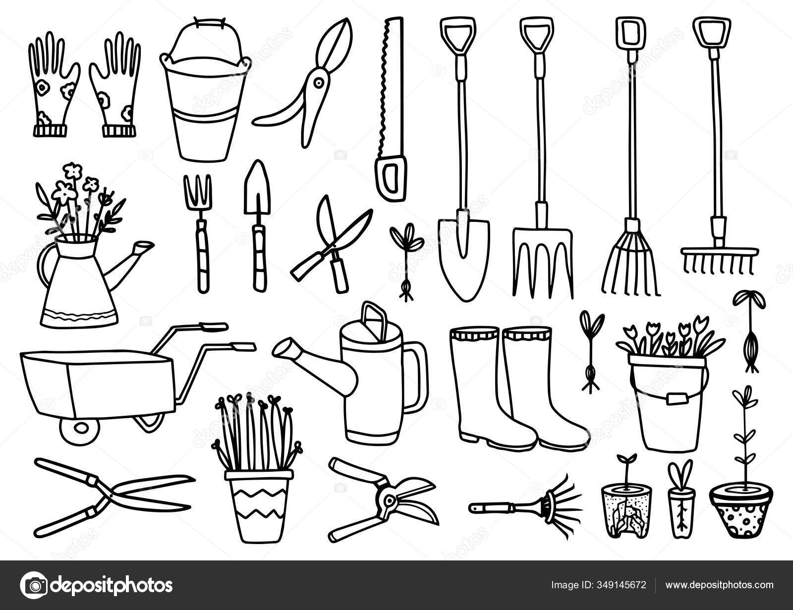 Vector Big Collection Gardening Tools Rake Shovel Wheelbarrow Seedlings