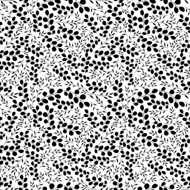 Siyah yapraklar çiçeksiz desen ve arkaplan. Zarif bir bitki geçmişi var. Karmaşık modern. El işi kağıt, nazik yapraklar, dallar çizimler. Duvar kağıdı, tekstil, kumaş, ambalaj tasarımı.