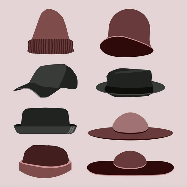 Set Vintage Hats Art Deco 1920 Style Isolated Pink Background — стоковый вектор