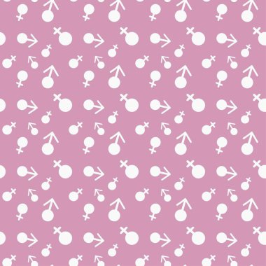 Kadın ve erkeğin sembollerinin olduğu kusursuz bir desen. Basit bir aşk vektör modeli. Siluet Venüs ve Mars sembolleri pembe arka planda izole edilmiş..