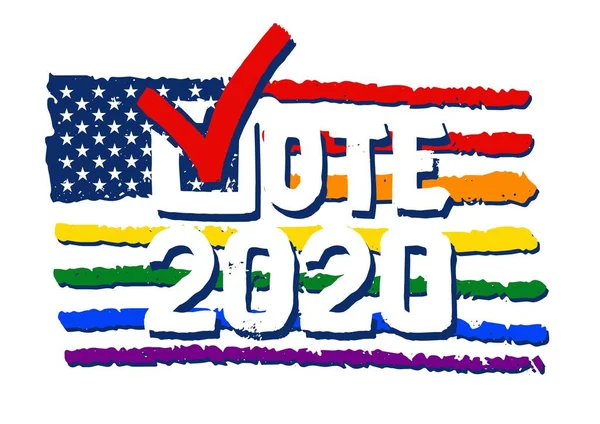 Check mark Vote 2020. Pemilihan umum Presiden Amerika Serikat 2020. Gambar tangan mengisolasi kata isolated.Vote dengan tanda centang simbol.Bendera Amerika - Stok Vektor