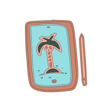 Beyaz arkaplanda izole edilmiş çizgi film tarzında çizim yapmak için tablet. İmza simgesi. Vektör basit illüstrasyon. Simge ya da sembol olarak kullanılabilir. Dekorasyon elemanı. El çizimi siyah çizim.