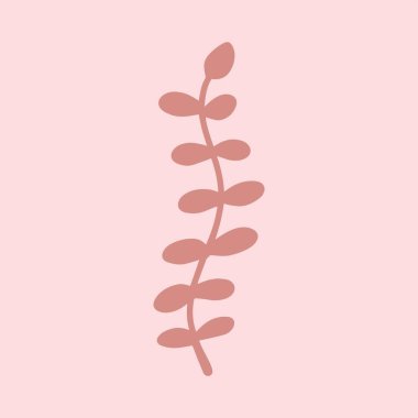 El yapımı bitkisel dal yaprakları. Çiçek filizi. Bahar çiçeği, düğmeler, bıçak, pembe arka planda izole edilmiş çalılar. Düğün tasarımı, logosu ve tebrik kartı için çizgi film taslağı çizimi. Bekar.