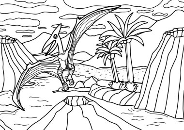 Dinozor Pterodactyl veya çocuklar ve yetişkinler için Pteranodon boyama kitabı. El çizimi stres önleyici boyama sayfası. T-Rex tasarımı. Duvar kağıtları, ambalaj, baskı için tasarım. Vahşi doğa.