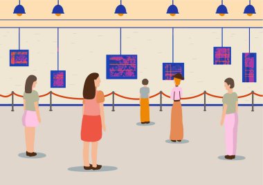 Sanat galerisi ziyaretçileri erkek, kadın. Yaratıcı sanat eserleri ya da müzedeki sergiler hakkında. Düz çizgi film tarzında basit vektör illüstrasyonu.