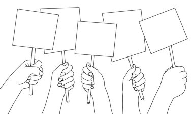 Ellerinizi boş levhaya koyun. Uzayı metin için kopyala. Poster boş, protesto duyuru tahtası. Taslak vektör illüstrasyonu