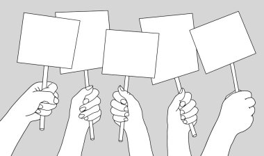 Elleriniz boş olsun, protesto işareti gri arka planda olsun. Uzayı metin için kopyala. Poster boş, protesto duyuru tahtası.