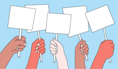 Farklı milletlerin elleri boş protesto işareti taşıyor. Uzayı metin için kopyala. Poster boş, protesto duyuru tahtası. çizgi film vektörü