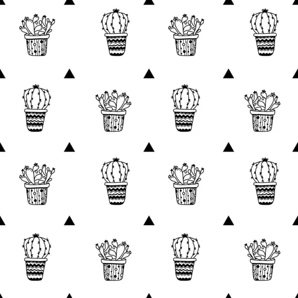 Seamless pattern with potted plants cactuses, succulents and simple triangles in doodle style isolated. Vector outline illustration — Stock Vector