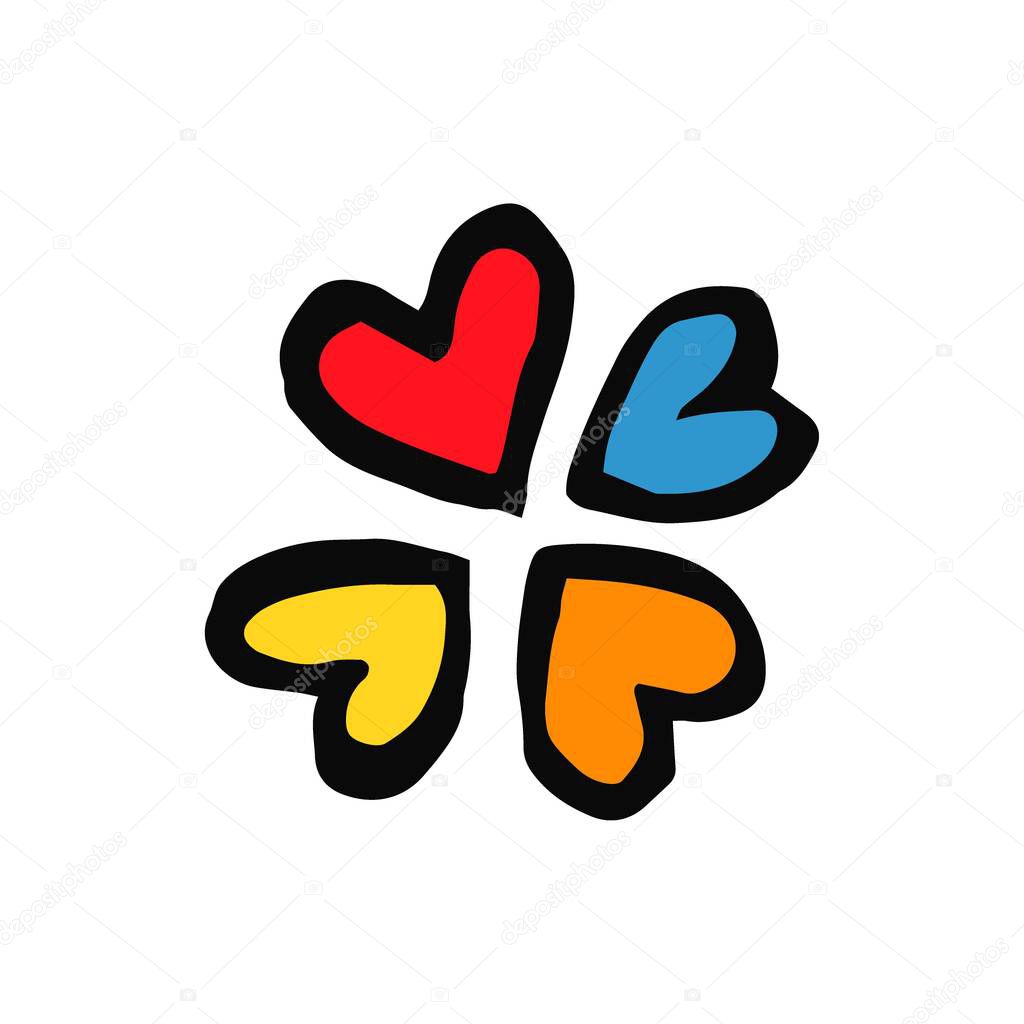 Set hearts in doodle style - Life,Gets,Better,Together.Hand written pride, love. Gay parade slogan. Copy space. LGBT rights symbol. Isolated. Vector hand drawn illustration