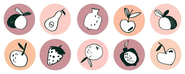 Ícones de frutas definido para destaques Instagram da história da capa, mídias sociais. Ícones redondos. Ideal para blogueiros. Adesivos de design de produto. Vector adesivos estilo doodle isolado. Elementos alimentos saudáveis . — Vetor de Stock