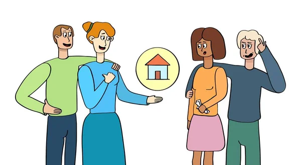 Família vendendo ou alugando casa para outra família.Oferta para comprar uma casa. Os recém-casados estão a comprar propriedades. Desenhos animados de personagens .Ilustração vetorial . — Vetor de Stock