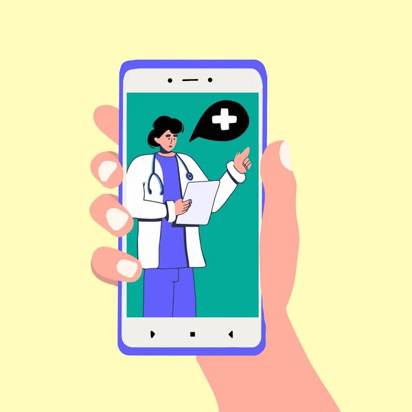 Médico Online Mão Detém Smartphone Telk Para Médico Consulta Terapeuta — Vetor de Stock