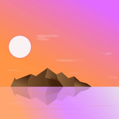 Manzaranın batışı deniz gökyüzü dağları arka plan vektör çizimi