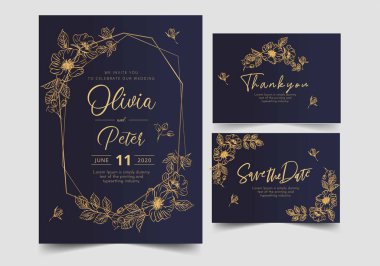 Altın çiçek çiçekli düğün davetiyesi şablonu. Vektör illüstrasyonu.