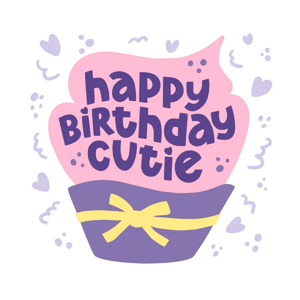 Feliz Aniversário Bonito Letras Mão Cupcake Desenhado Clipart Bolo Dia —  Vetores de Stock