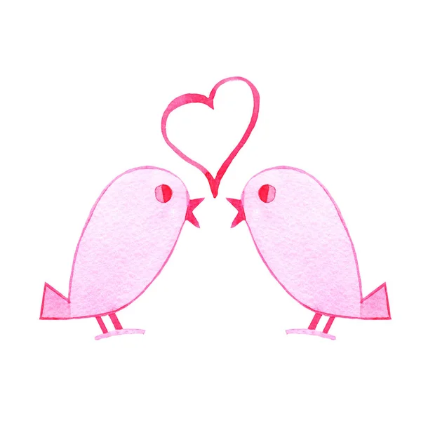 Ręcznie Rysowane Akwarela Walentynki Nadruk Różowym Sercem Ptaków Białym Tle — Zdjęcie stockowe
