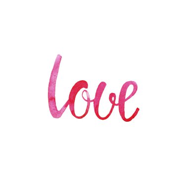 El çizimi suluboya Aziz Sevgililer Günü baskısı. Beyaz arka planda pembe aşk kelimesi var. Kart, el ilanı, davetiye, düğün için romantik harfler