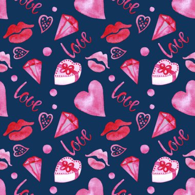 El çizimi suluboya Aziz Sevgililer Günü kusursuz desenli pembe kalpler, dudaklar, hediye, toplar, aşk, mavi klasik arka planda değerli taşlar. Kart, ambalaj, duvar kağıdı için romantik tasarım.