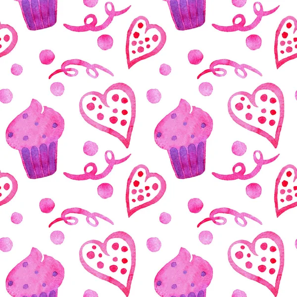 Hand Drawn Watercolor Seamless Pattern Illustration Pink Cupcakes Violet Spots — 스톡 사진