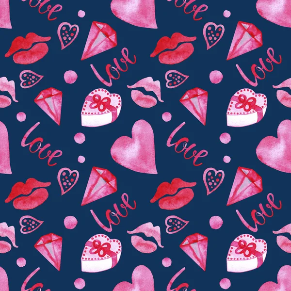 Hand Drawn Watercolor Valentines Day Seamless Pattern Pink Hearts Lips — Stock Photo, Image