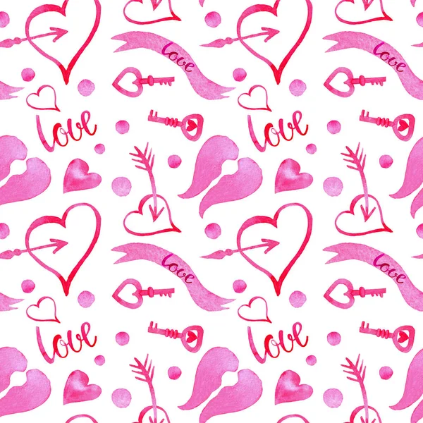 Hand Drawn Watercolor Valentines Day Seamless Pattern Pink Hearts Arrows — Stock Photo, Image