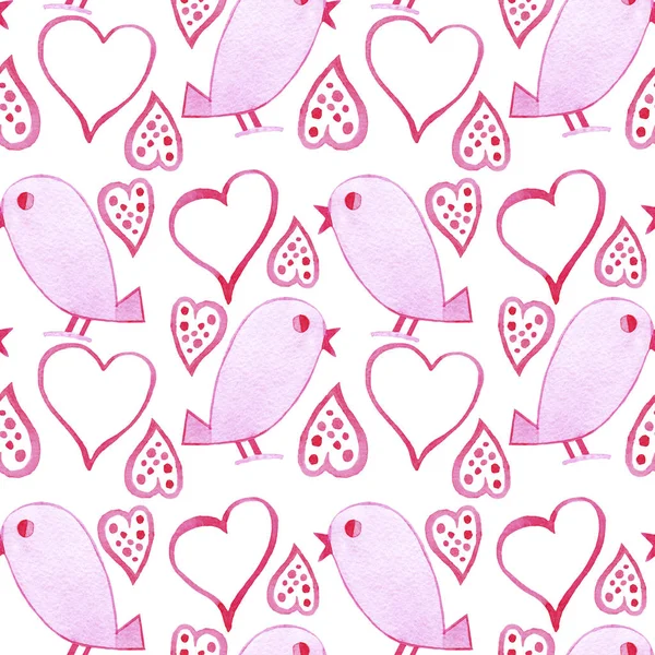 Hand Drawn Watercolor Valentines Day Seamless Pattern Pink Hearts Birds — Stock Photo, Image