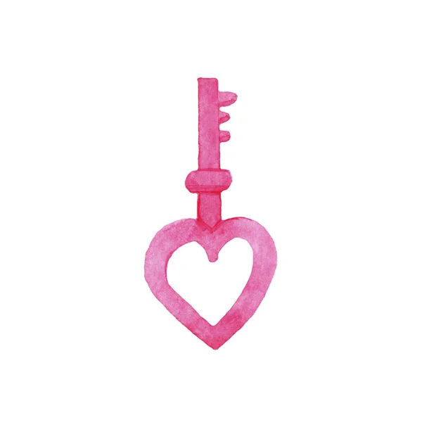 Handgezeichnetes Aquarell Valentines Day Rosa Schlüssel Mit Herz Auf Weißem — Stockfoto