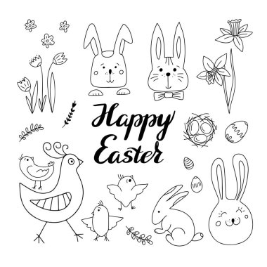 El çizimi Paskalya tasarımı elementleri. Yumurta, tavuk, yuva, tavşanlar, çiçekler, söğüt, dallar, laleler, narsisler ve Mutlu Paskalya harfleri. Bahar tebrik kartı, logo ve pankart için en iyisi.