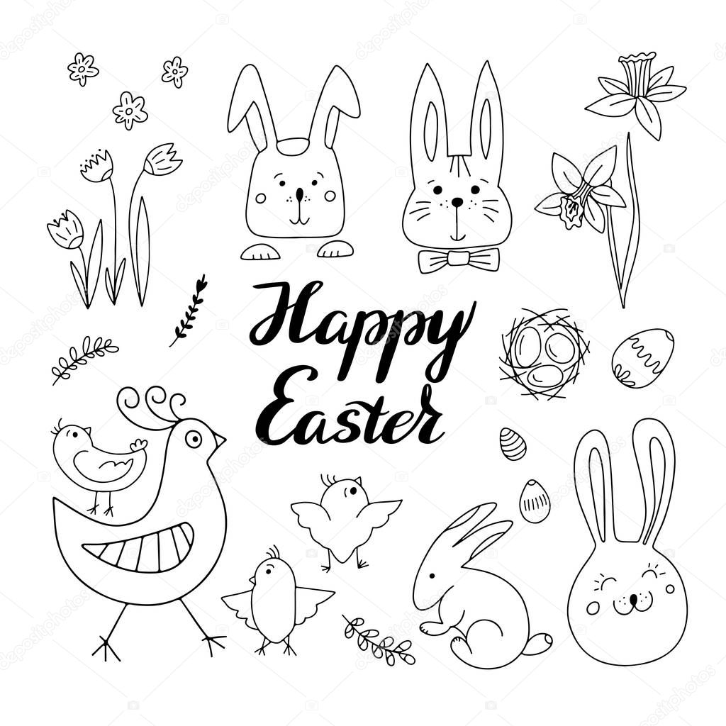 Hand drawn set of doodle Easter design elements. Eggs, chicken, nest, rabbits, flowers, willow, branches, tulips, narcissus and Happy Easter lettering. Best for spring greeting card, logo, banner